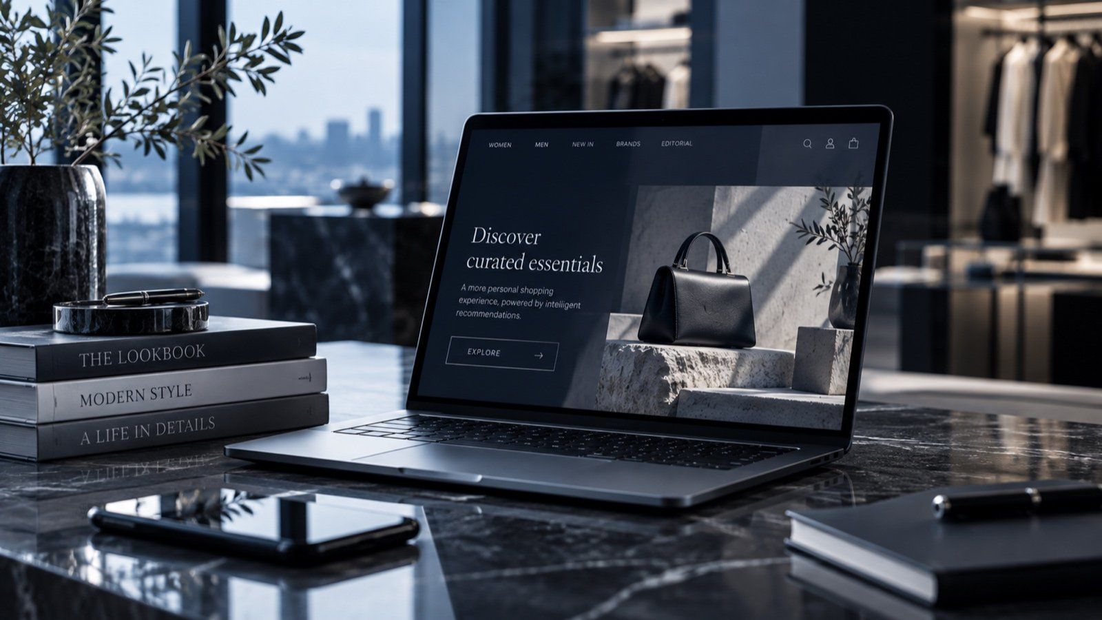 Laptop showing a fashion store page on a dark marble desk